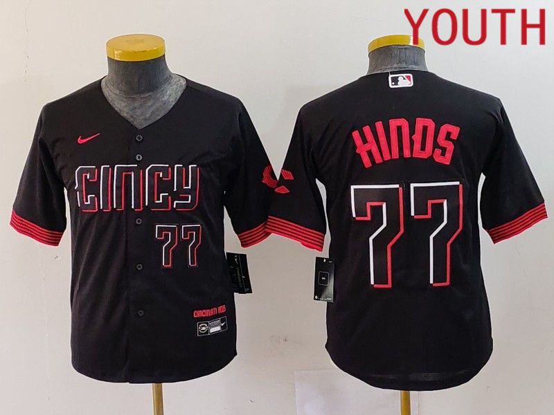 Youth Cincinnati Reds #77 Hinds Black City Edition Nike 2024 MLB Jersey style 4